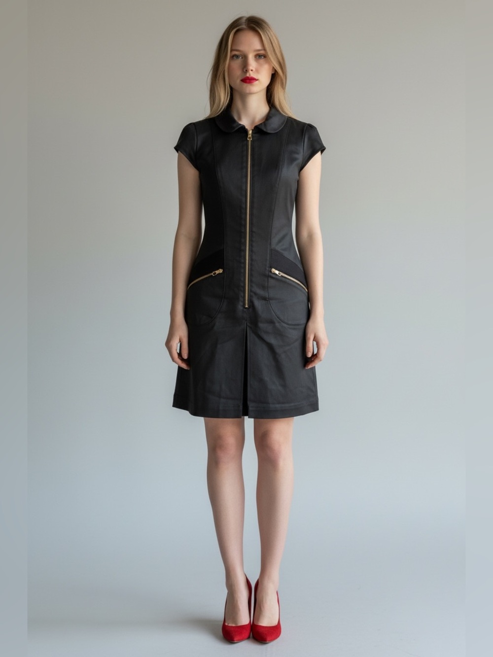 Louis Vuitton Black Short-Sleeve Zip-Front Mini Dress with Gold Accents